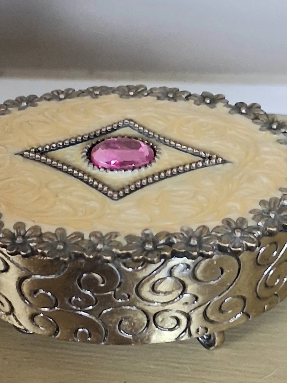 Ornate Decorative Trinket Box with Pink Gem Accent